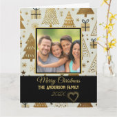 Modern Zwart en Goud Vrolijk Kerstfeest Familiefot Kaart (Gele Bloem)