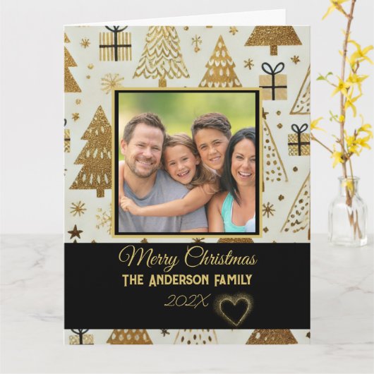 Modern Zwart en Goud Vrolijk Kerstfeest Familiefot Kaart (Gele Bloem)