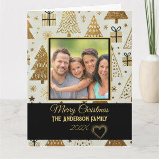 Modern Zwart en Goud Vrolijk Kerstfeest Familiefot Kaart
