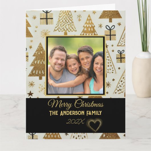 Modern Zwart en Goud Vrolijk Kerstfeest Familiefot Kaart (Voorkant)