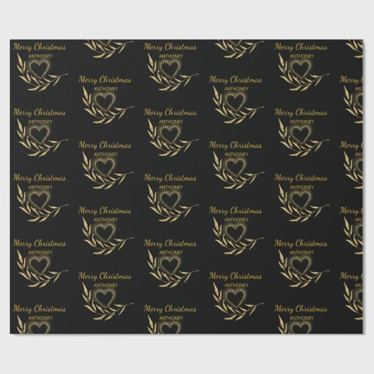 Modern Zwart en Goud Vrolijk Kerstnaam Hart Cadeaupapier (Vlak)