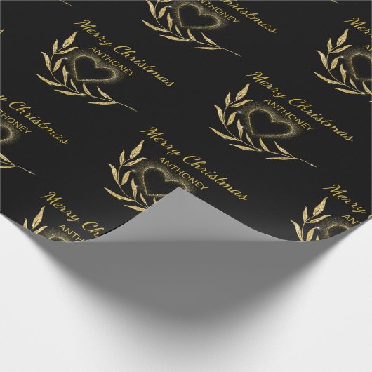 Modern Zwart en Goud Vrolijk Kerstnaam Hart Cadeaupapier (Hoek)