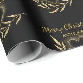 Modern Zwart en Goud Vrolijk Kerstnaam Hart Cadeaupapier (Rol Hoek)