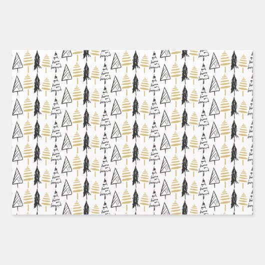 Modern zwart en goud vrolijke kerstbomen inpakpapier vel (Voorkant 2)