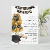 Modern Zwart en Gouden Ballonnen Foto Afstuderen Kaart (Staand voorkant)