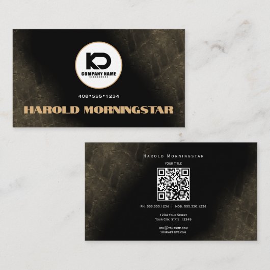 Modern zwart en gouden stenen QR en logo Visitekaartje (Voorkant / Achterkant)