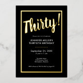 Modern zwart en goudfolie 30e verjaardag folie uitnodiging (Voorkant)