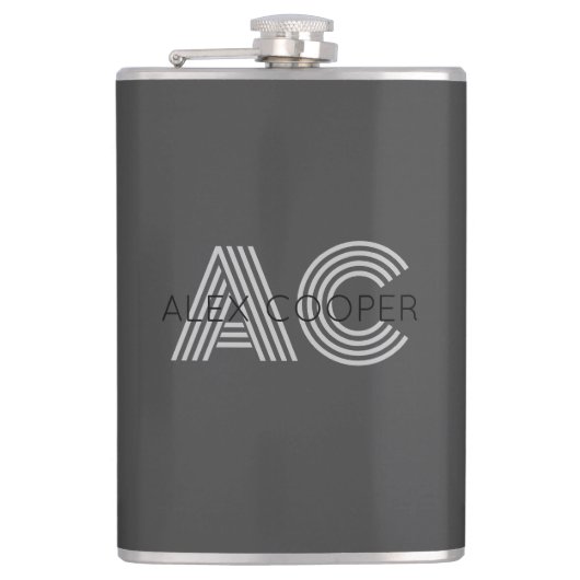 Modern zwart en grijs monogram heupfles (Voorkant)