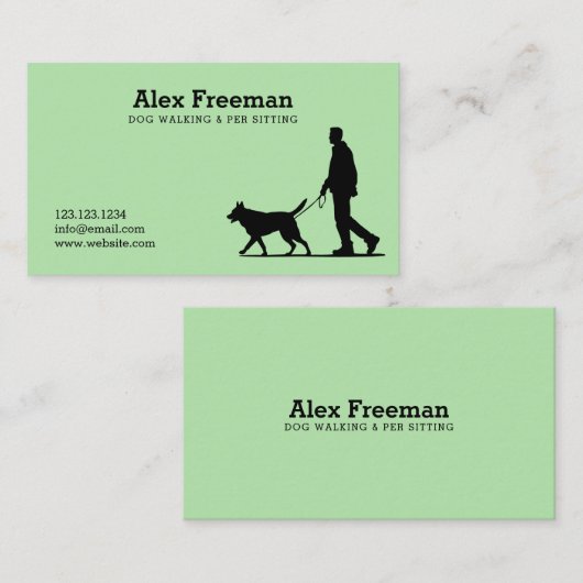 Modern Zwart en Groen Hond Walker Silhouet Visitekaartje (Voorkant / Achterkant)