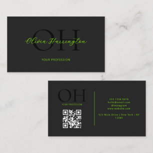 Modern zwart en groen script QR Code Monogram Visitekaartje
