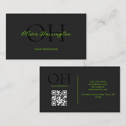 Modern zwart en groen script QR Code Monogram Visitekaartje (Voorkant / Achterkant)