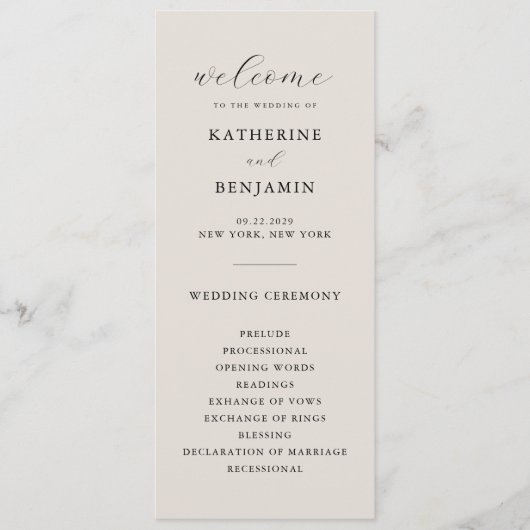 Modern zwart en ivoor minimalistische bruiloft programmakaart (Voorkant)