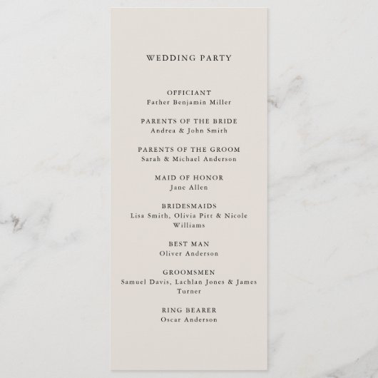 Modern zwart en ivoor minimalistische bruiloft programmakaart (Achterkant)