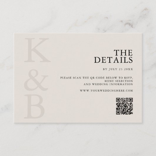 Modern zwart en ivoor monogram minimalistische bru informatiekaartje (Voorkant)
