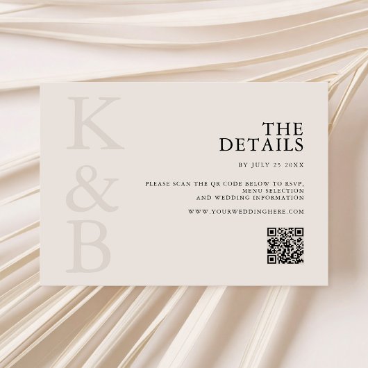Modern zwart en ivoor monogram minimalistische bru informatiekaartje