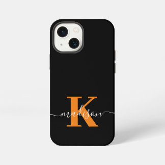 Modern zwart en oranje monogram iPhone 13 mini hoesje