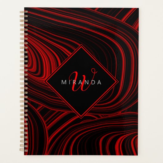Modern zwart en rood Abstract monogram Planner (Voorkant)
