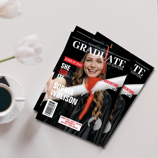 Modern zwart en rood magazine foto afstuderen kaart