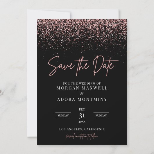 Modern Zwart en Roos Goud Glitter Bruiloft Save The Date (Voorkant)