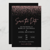 Modern Zwart en Roos Goud Glitter Bruiloft Save The Date (Voorkant / Achterkant)