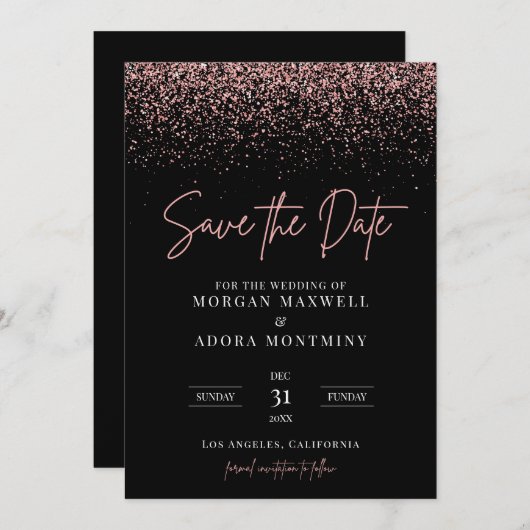 Modern Zwart en Roos Goud Glitter Bruiloft Save The Date (Voorkant / Achterkant)