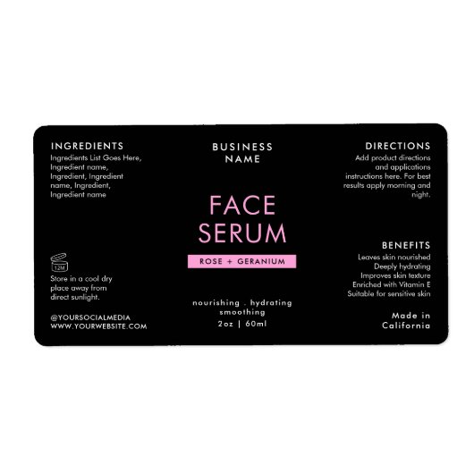 Modern zwart en roze 2 OZ druppelaar flesetiket Etiket (Voorkant)