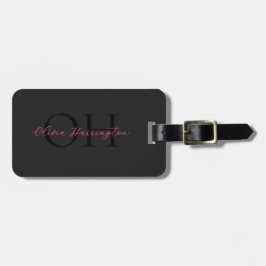 Modern Zwart en Roze Script Classic Monogram Bagagelabel