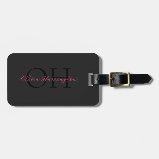 Modern Zwart en Roze Script Classic Monogram Bagagelabel (Voorkant horizontaal)