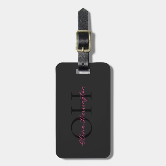 Modern Zwart en Roze Script Classic Monogram Bagagelabel (Voorkant verticaal)