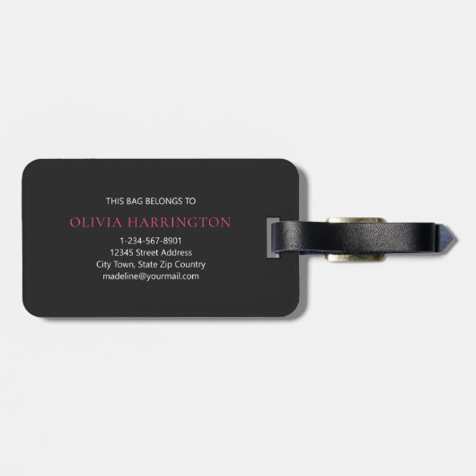 Modern Zwart en Roze Script Classic Monogram Bagagelabel (Achterkant horizontaal)