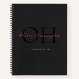 Modern Zwart en Roze Script Classic Monogram Notitieboek