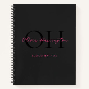 Modern Zwart en Roze Script Classic Monogram Notitieboek