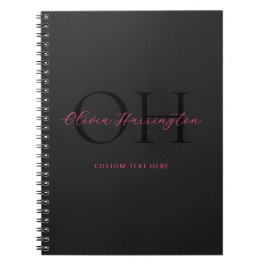 Modern Zwart en Roze Script Classic Monogram Notitieboek