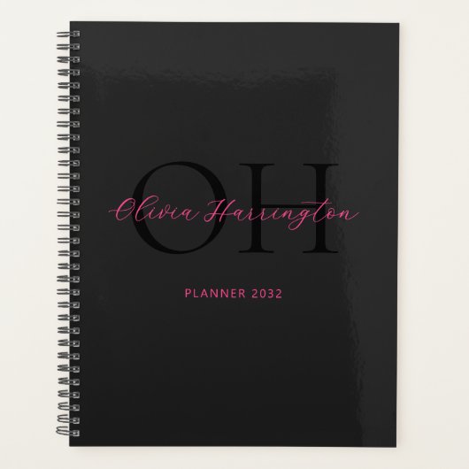 Modern Zwart en Roze Script Classic Monogram Planner (Voorkant)