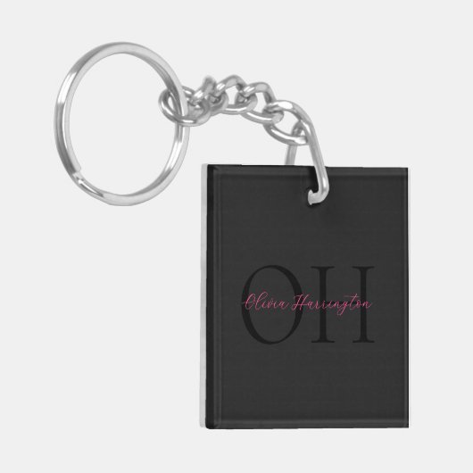 Modern Zwart en Roze Script Classic Monogram Sleutelhanger (Voorkant Links)
