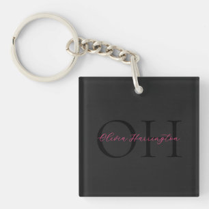 Modern Zwart en Roze Script Classic Monogram Sleutelhanger