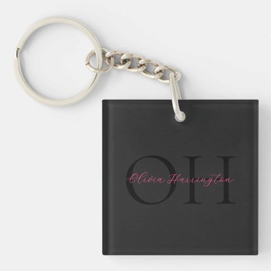 Modern Zwart en Roze Script Classic Monogram Sleutelhanger (Voorkant)