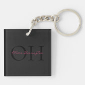 Modern Zwart en Roze Script Classic Monogram Sleutelhanger (Achterkant)