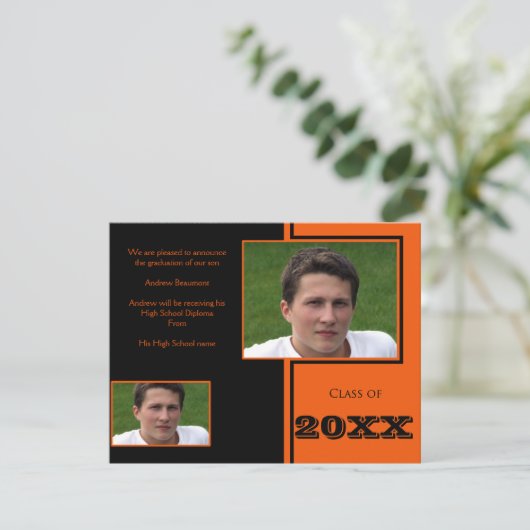 Modern zwart en Sinaasappel Quad Afstuderen Aankondiging (Staand voorkant)