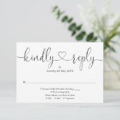 Modern Zwart En Wit Script Hart Vriendelijk Antwoo RSVP Kaartje (Staand voorkant)