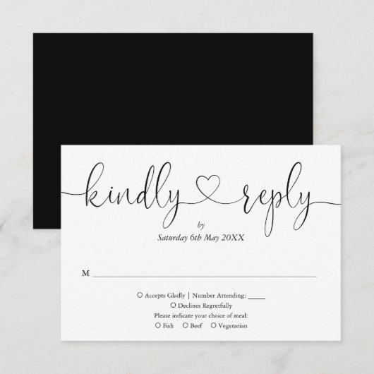 Modern Zwart En Wit Script Hart Vriendelijk Antwoo RSVP Kaartje (Voorkant / Achterkant)