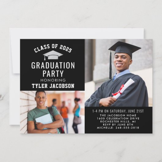 Modern Zwart en Zilver 2025 Foto Afstuderen Party Kaart (Voorkant)