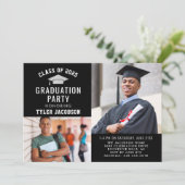 Modern Zwart en Zilver 2025 Foto Afstuderen Party Kaart (Staand voorkant)