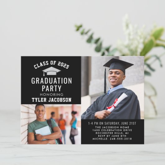 Modern Zwart en Zilver 2025 Foto Afstuderen Party Kaart (Staand voorkant)
