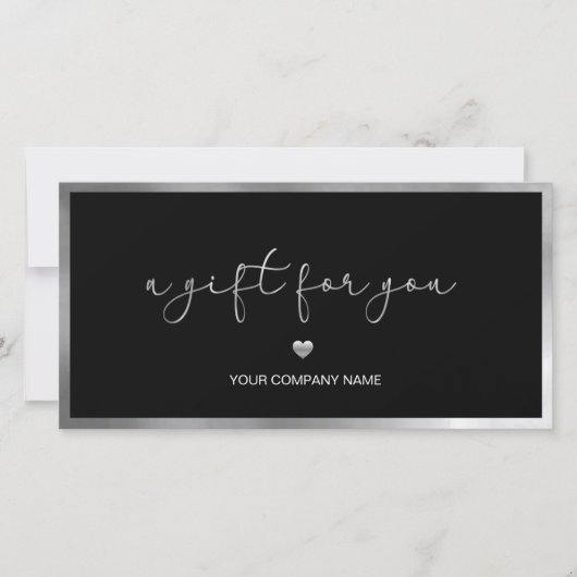 Modern zwart en zilver Toevoegen Logo Cadeaubon (Voorkant)