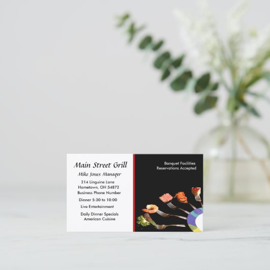 Modern zwart eten op vorken professioneel restaura visitekaartje (Staand voorkant)