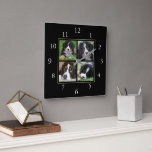 Modern zwart Familie aangepaste fotocollage Vierkante Klok<br><div class="desc">Familiefotocollage op zwarte achtergrondklok. Voeg je eigen persoonlijke foto's toe om de klok te personaliseren.</div>