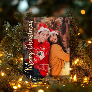 Modern Zwart Familie Koppel Kerst Foto Folie Feestdagenkaart