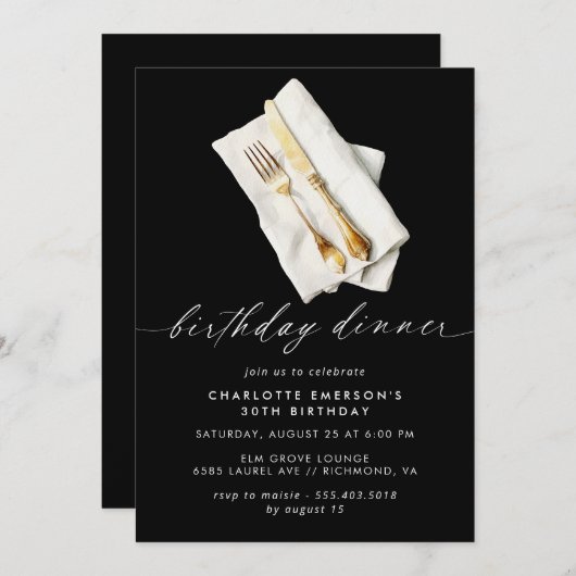 Modern zwart | Fancy Script Verjaardagsdiner Kaart (Voorkant / Achterkant)