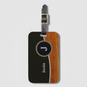 Modern Zwart/faux hout monogram Bagagelabel (Voorkant (verticaal))